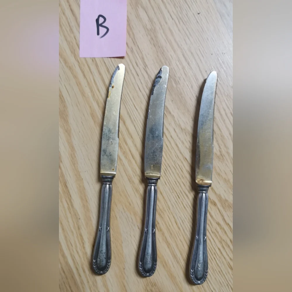 Lot of 3 c.1900 Antique German Silver Handle 800, Gold Gilded Knife 6.5